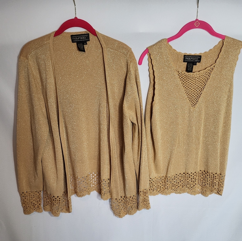 Vintage Maurada Gold Crochet Knit Women's XL Top Cardigan Set 70s